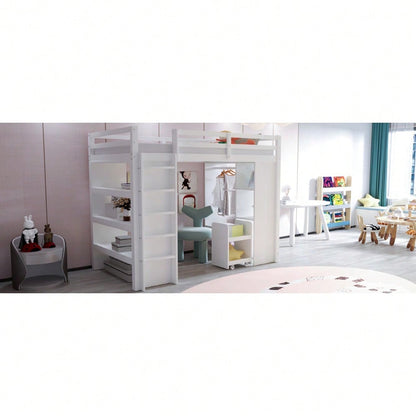 Kinderhochbett 90*200 cm, Mit Mehrstufigen Regalen, Mit Einfachen Kleiderbügeln und Ablagefächern, Mit 1 Herausnehmbaren Organisationswagen, Viel Stauraum, Jugendbett, Einzelbett, Weiß