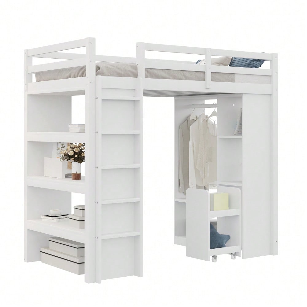 Kinderhochbett 90*200 cm, Mit Mehrstufigen Regalen, Mit Einfachen Kleiderbügeln und Ablagefächern, Mit 1 Herausnehmbaren Organisationswagen, Viel Stauraum, Jugendbett, Einzelbett, Weiß