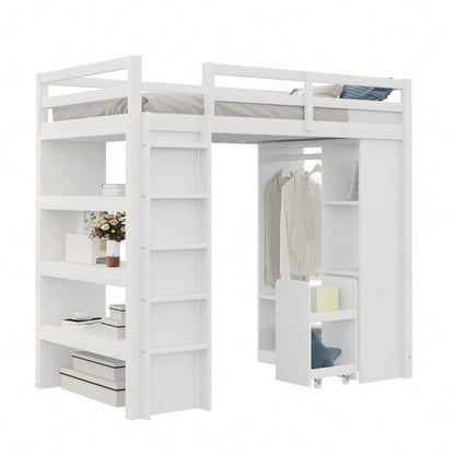 Kinderhochbett 90*200 cm, Mit Mehrstufigen Regalen, Mit Einfachen Kleiderbügeln und Ablagefächern, Mit 1 Herausnehmbaren Organisationswagen, Viel Stauraum, Jugendbett, Einzelbett, Weiß
