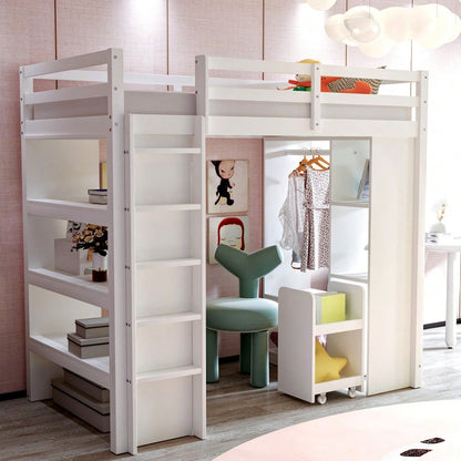 Kinderhochbett 90*200 cm, Mit Mehrstufigen Regalen, Mit Einfachen Kleiderbügeln und Ablagefächern, Mit 1 Herausnehmbaren Organisationswagen, Viel Stauraum, Jugendbett, Einzelbett, Weiß