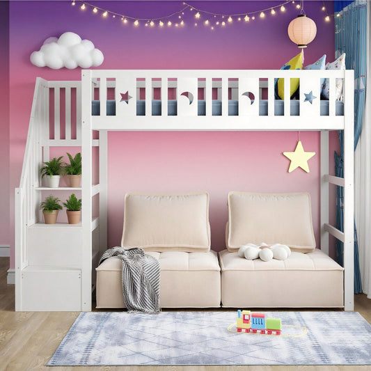 Etagenbett für Kinder 90*200 mit Treppe ,Hochbett aus Massivholz mit Sicherheitsgeländer, Stern- und Monddekoration.Weiß