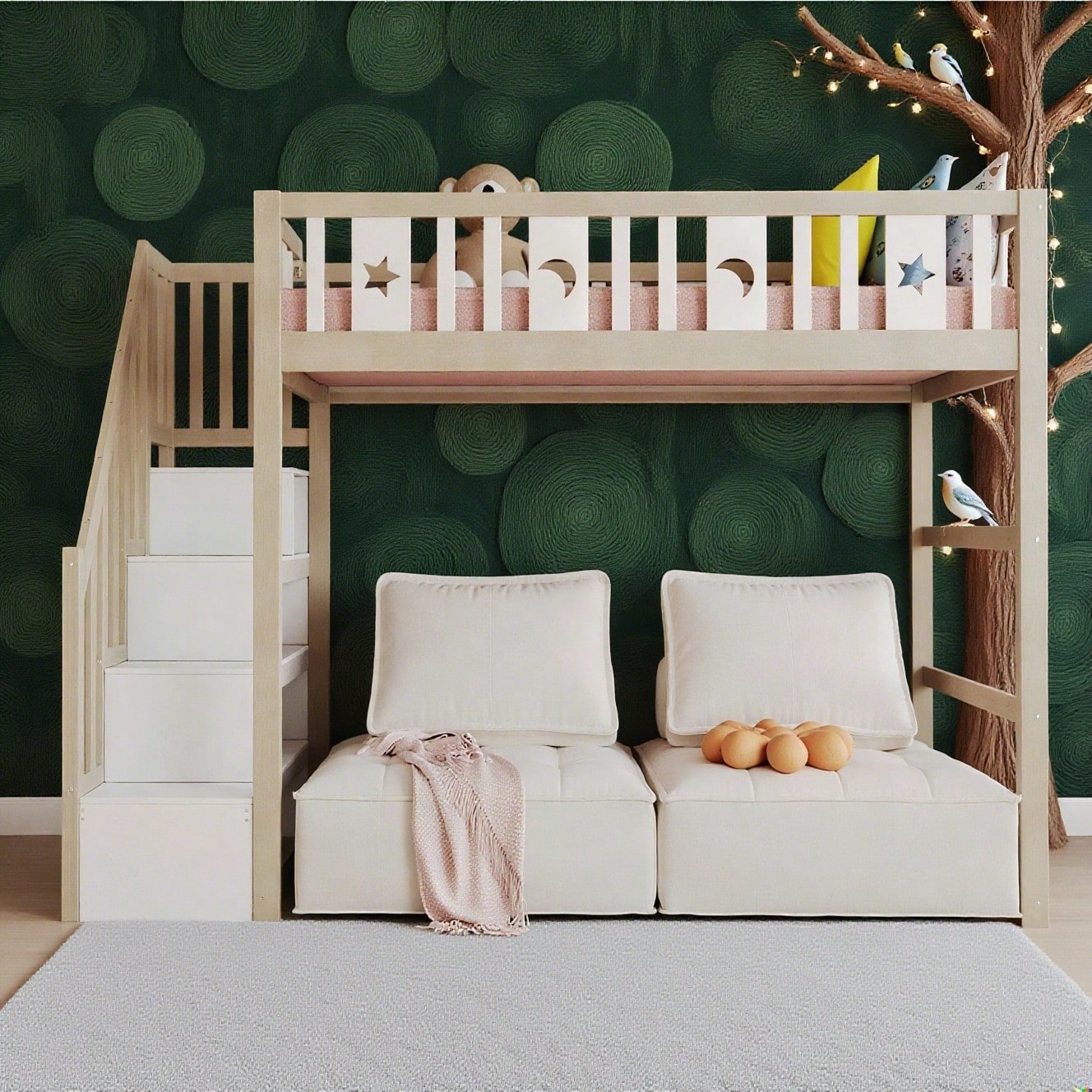 Kinderhochbett 90*200 mit Stauraum-Kletterleiter, Massivholz-Einzelbett mit Sicherheitsgeländern, Stern- und Monddekoration.Holzfarbe