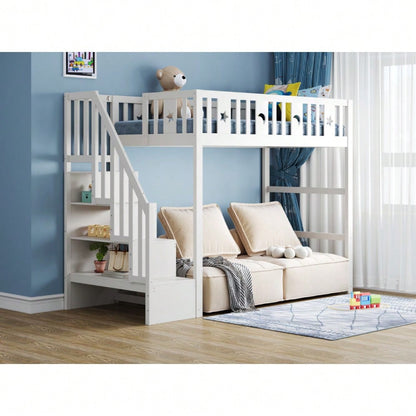 Etagenbett für Kinder 90*200 mit Treppe ,Hochbett aus Massivholz mit Sicherheitsgeländer, Stern- und Monddekoration.Weiß