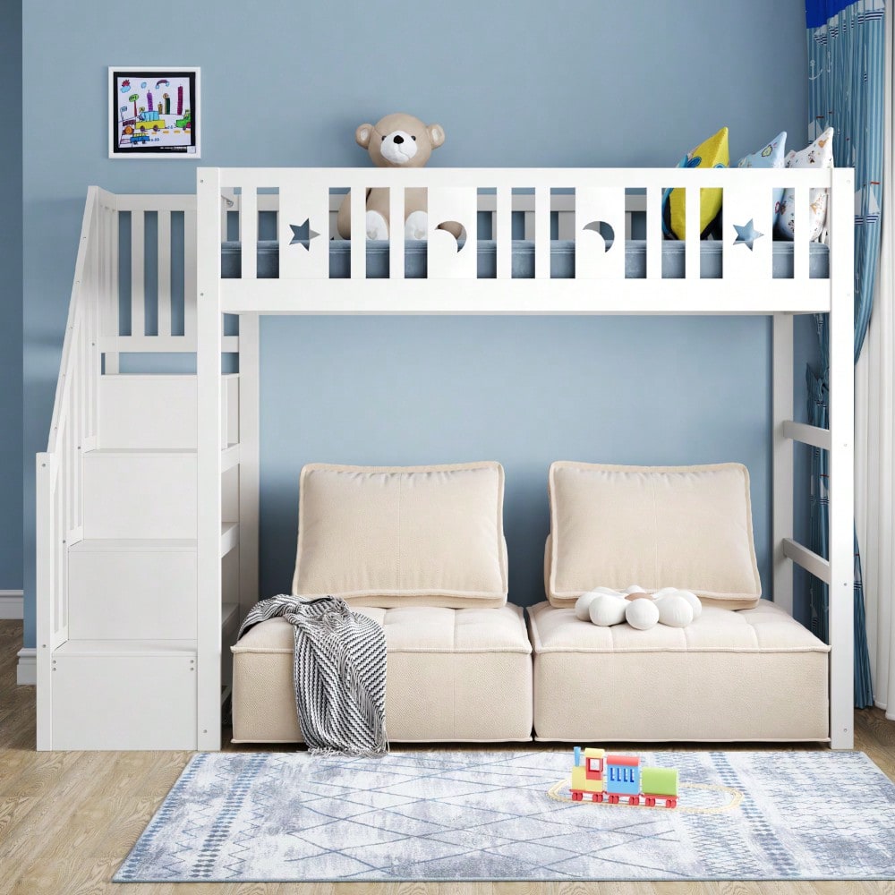 Etagenbett für Kinder 90*200 mit Treppe ,Hochbett aus Massivholz mit Sicherheitsgeländer, Stern- und Monddekoration.Weiß