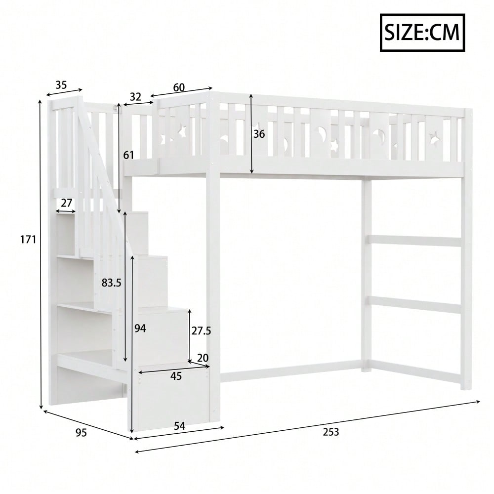 Etagenbett für Kinder 90*200 mit Treppe ,Hochbett aus Massivholz mit Sicherheitsgeländer, Stern- und Monddekoration.Weiß