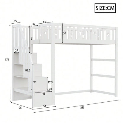 Etagenbett für Kinder 90*200 mit Treppe ,Hochbett aus Massivholz mit Sicherheitsgeländer, Stern- und Monddekoration.Weiß