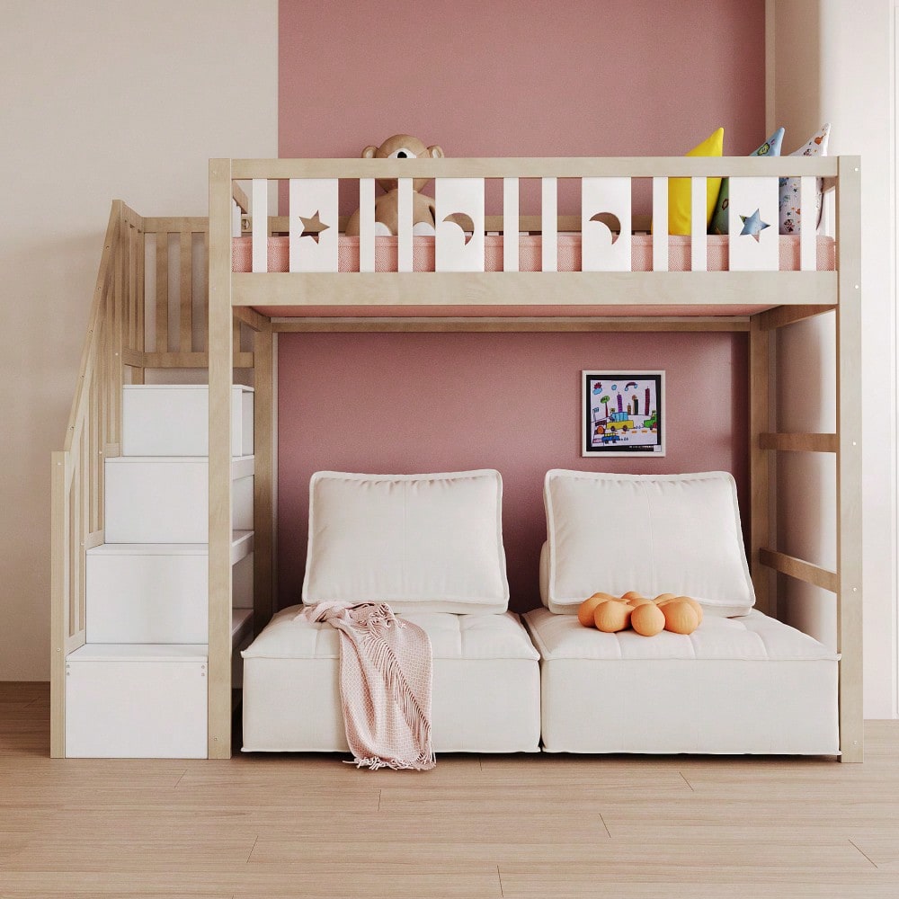 Kinderhochbett 90*200 mit Stauraum-Kletterleiter, Massivholz-Einzelbett mit Sicherheitsgeländern, Stern- und Monddekoration.Holzfarbe