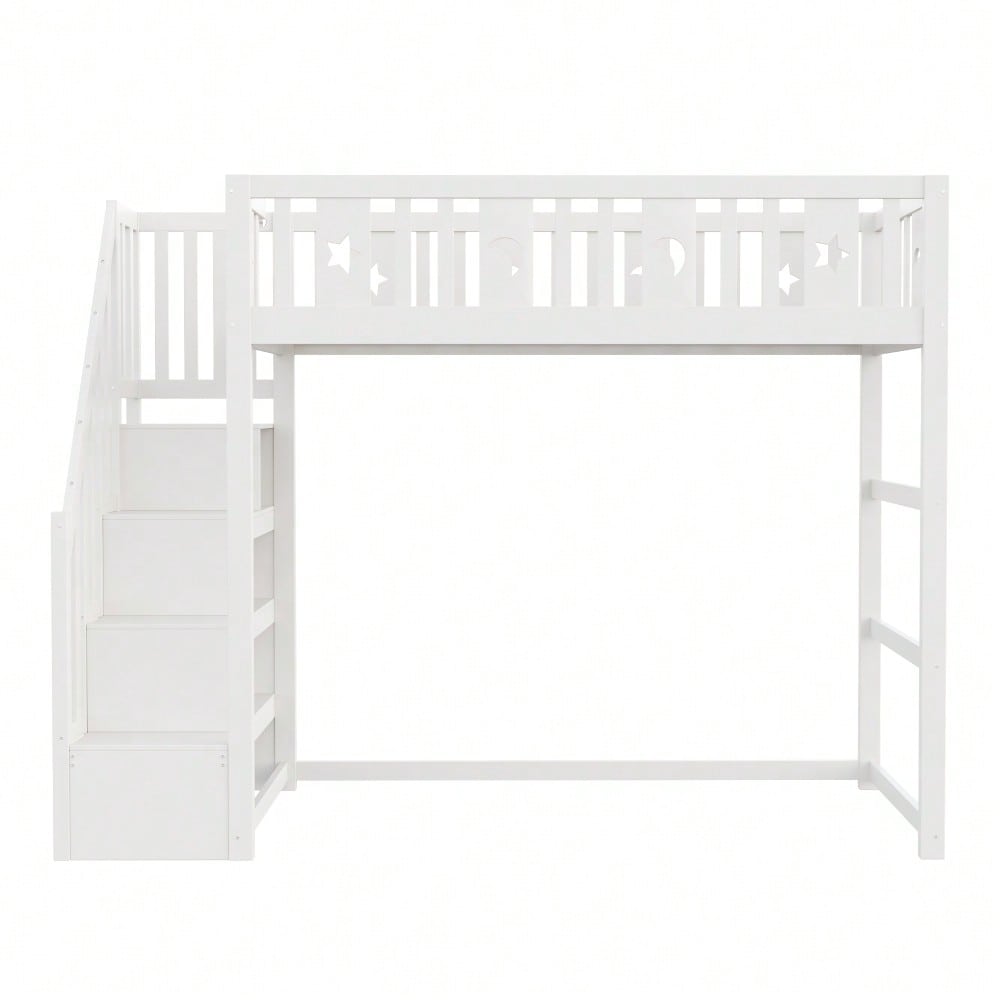 Etagenbett für Kinder 90*200 mit Treppe ,Hochbett aus Massivholz mit Sicherheitsgeländer, Stern- und Monddekoration.Weiß