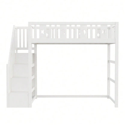 Etagenbett für Kinder 90*200 mit Treppe ,Hochbett aus Massivholz mit Sicherheitsgeländer, Stern- und Monddekoration.Weiß