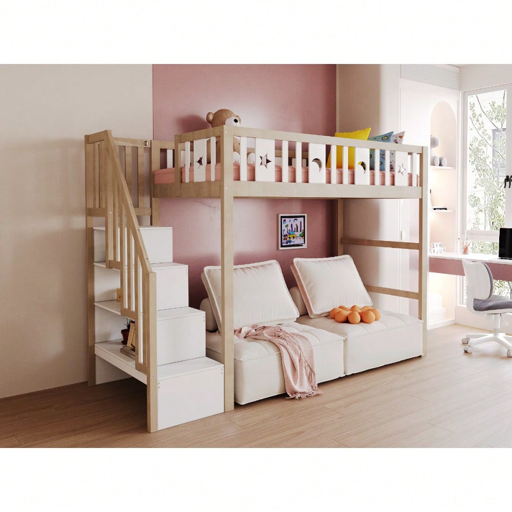 Kinderhochbett 90*200 mit Stauraum-Kletterleiter, Massivholz-Einzelbett mit Sicherheitsgeländern, Stern- und Monddekoration.Holzfarbe