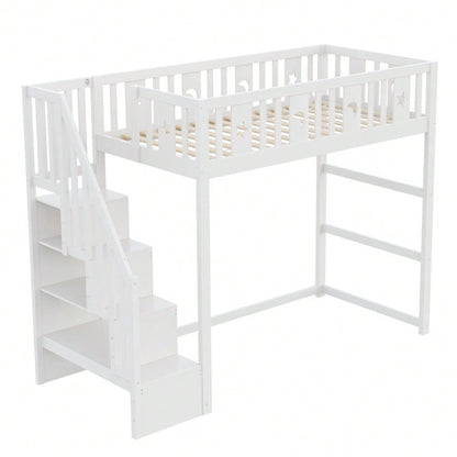 Etagenbett für Kinder 90*200 mit Treppe ,Hochbett aus Massivholz mit Sicherheitsgeländer, Stern- und Monddekoration.Weiß