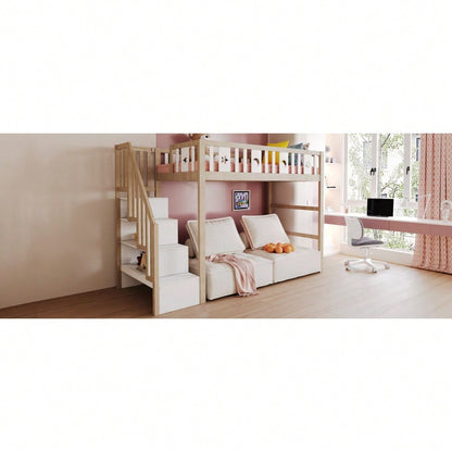 Kinderhochbett 90*200 mit Stauraum-Kletterleiter, Massivholz-Einzelbett mit Sicherheitsgeländern, Stern- und Monddekoration.Holzfarbe