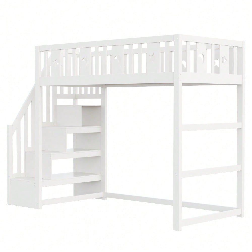 Etagenbett für Kinder 90*200 mit Treppe ,Hochbett aus Massivholz mit Sicherheitsgeländer, Stern- und Monddekoration.Weiß