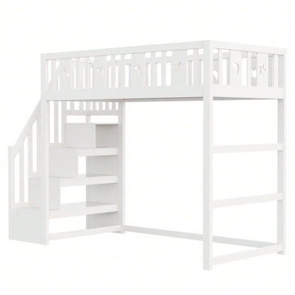 Etagenbett für Kinder 90*200 mit Treppe ,Hochbett aus Massivholz mit Sicherheitsgeländer, Stern- und Monddekoration.Weiß