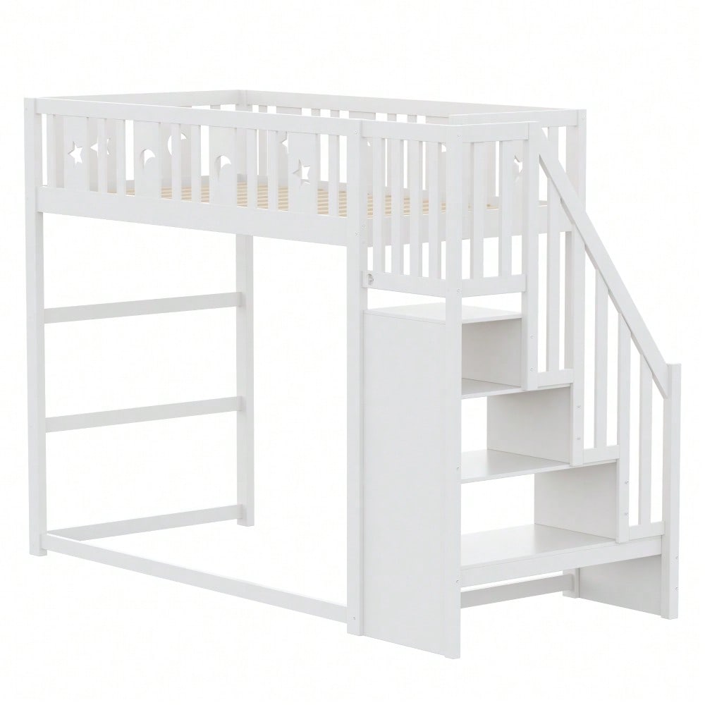 Etagenbett für Kinder 90*200 mit Treppe ,Hochbett aus Massivholz mit Sicherheitsgeländer, Stern- und Monddekoration.Weiß