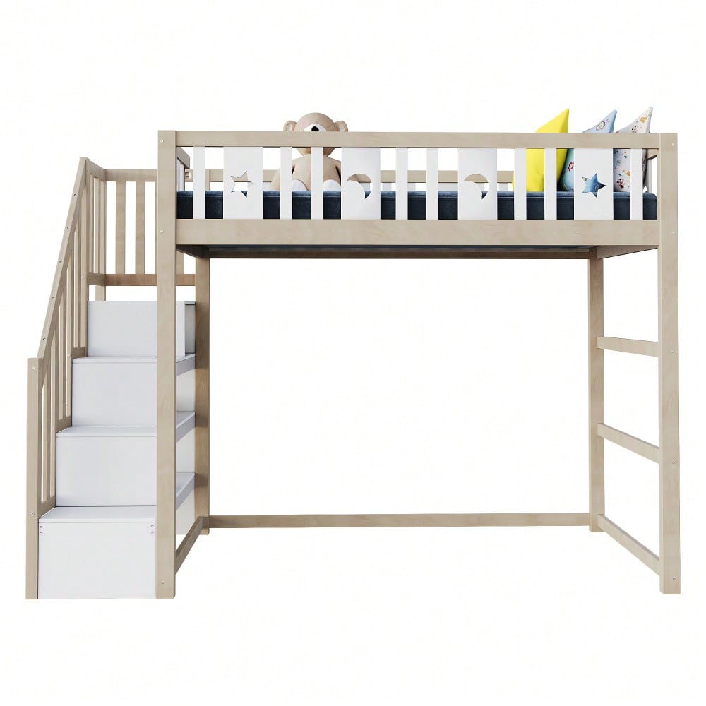 Kinderhochbett 90*200 mit Stauraum-Kletterleiter, Massivholz-Einzelbett mit Sicherheitsgeländern, Stern- und Monddekoration.Holzfarbe