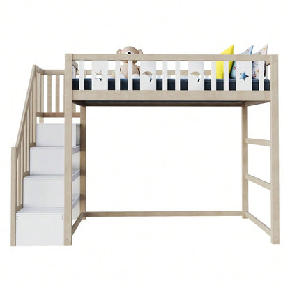 Kinderhochbett 90*200 mit Stauraum-Kletterleiter, Massivholz-Einzelbett mit Sicherheitsgeländern, Stern- und Monddekoration.Holzfarbe