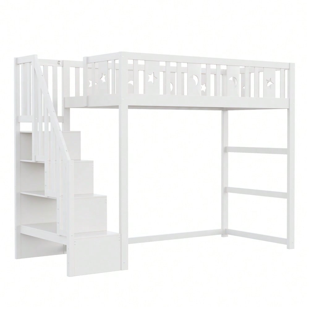 Etagenbett für Kinder 90*200 mit Treppe ,Hochbett aus Massivholz mit Sicherheitsgeländer, Stern- und Monddekoration.Weiß