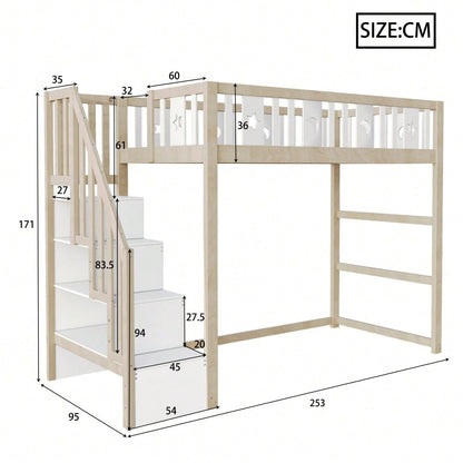Kinderhochbett 90*200 mit Stauraum-Kletterleiter, Massivholz-Einzelbett mit Sicherheitsgeländern, Stern- und Monddekoration.Holzfarbe