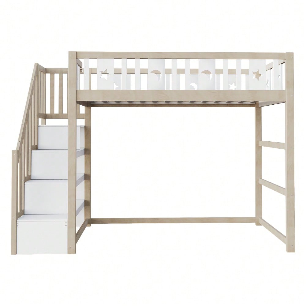 Kinderhochbett 90*200 mit Stauraum-Kletterleiter, Massivholz-Einzelbett mit Sicherheitsgeländern, Stern- und Monddekoration.Holzfarbe