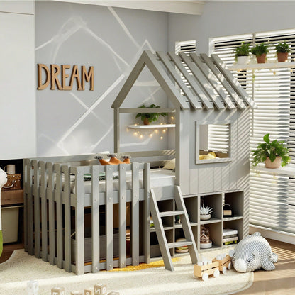 Kinderbett Hausbett 90x200, mit Dach und Fenster, mit offenem Stauraum, mit Kletterleiter, Massivholz-Kinderetagenbett ohne Matratze,Grau