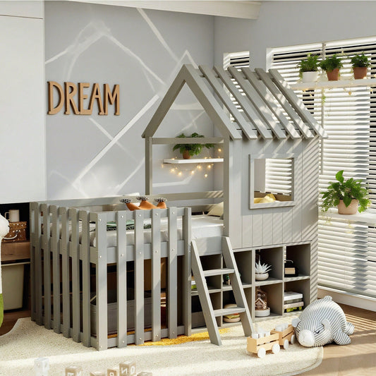 Kinderbett Hausbett 90x200, mit Dach und Fenster, mit offenem Stauraum, mit Kletterleiter, Massivholz-Kinderetagenbett ohne Matratze,Grau