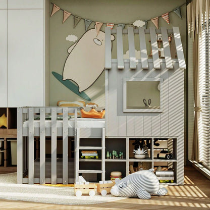 Kinderbett Hausbett 90x200, mit Dach und Fenster, mit offenem Stauraum, mit Kletterleiter, Massivholz-Kinderetagenbett ohne Matratze,Grau