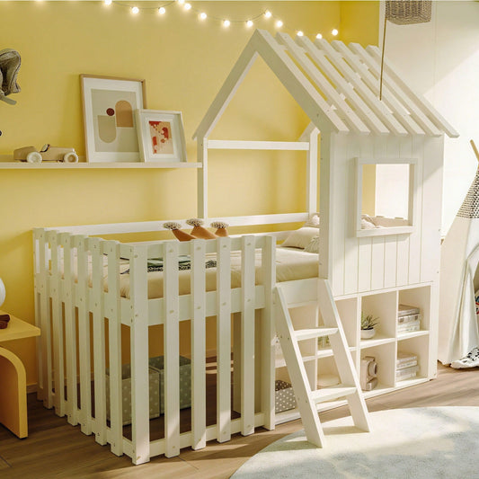 Kinderbett Hausbett 90x200, mit Dach und Fenster, mit offenem Stauraum, mit Kletterleiter, Massivholz-Kinderetagenbett ohne Matratze, weiß