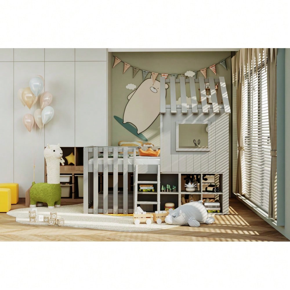 Kinderbett Hausbett 90x200, mit Dach und Fenster, mit offenem Stauraum, mit Kletterleiter, Massivholz-Kinderetagenbett ohne Matratze,Grau