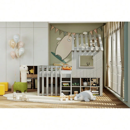 Kinderbett Hausbett 90x200, mit Dach und Fenster, mit offenem Stauraum, mit Kletterleiter, Massivholz-Kinderetagenbett ohne Matratze,Grau