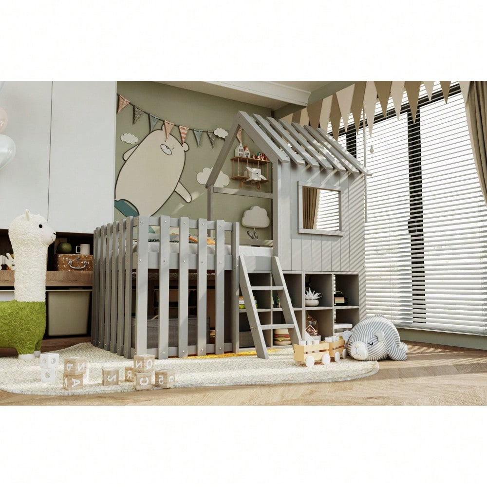 Kinderbett Hausbett 90x200, mit Dach und Fenster, mit offenem Stauraum, mit Kletterleiter, Massivholz-Kinderetagenbett ohne Matratze,Grau