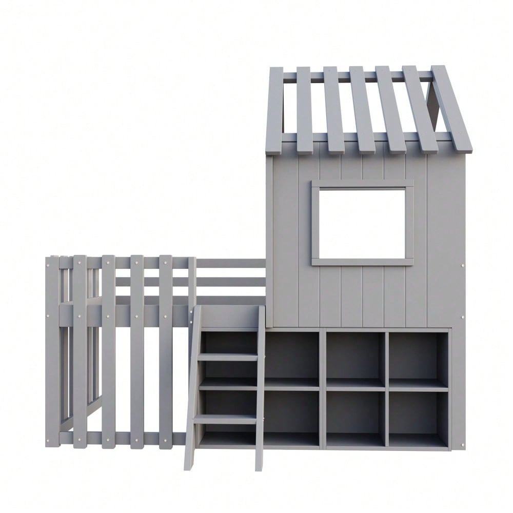 Kinderbett Hausbett 90x200, mit Dach und Fenster, mit offenem Stauraum, mit Kletterleiter, Massivholz-Kinderetagenbett ohne Matratze,Grau