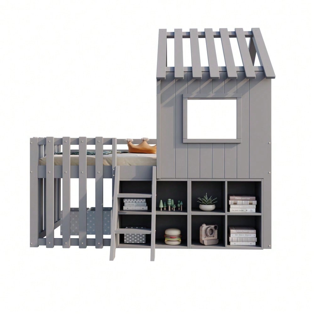 Kinderbett Hausbett 90x200, mit Dach und Fenster, mit offenem Stauraum, mit Kletterleiter, Massivholz-Kinderetagenbett ohne Matratze,Grau