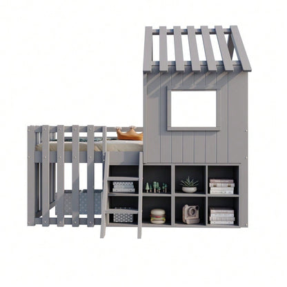 Kinderbett Hausbett 90x200, mit Dach und Fenster, mit offenem Stauraum, mit Kletterleiter, Massivholz-Kinderetagenbett ohne Matratze,Grau