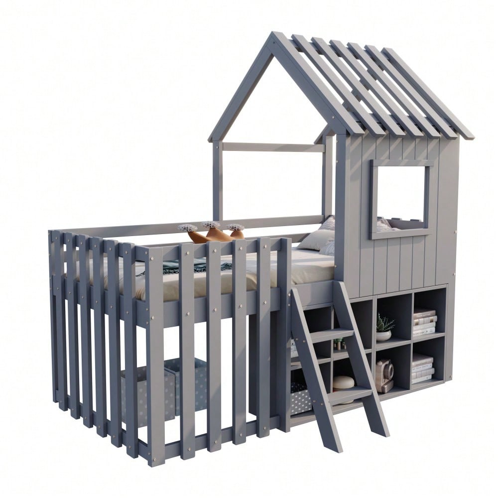 Kinderbett Hausbett 90x200, mit Dach und Fenster, mit offenem Stauraum, mit Kletterleiter, Massivholz-Kinderetagenbett ohne Matratze,Grau