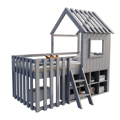 Kinderbett Hausbett 90x200, mit Dach und Fenster, mit offenem Stauraum, mit Kletterleiter, Massivholz-Kinderetagenbett ohne Matratze,Grau