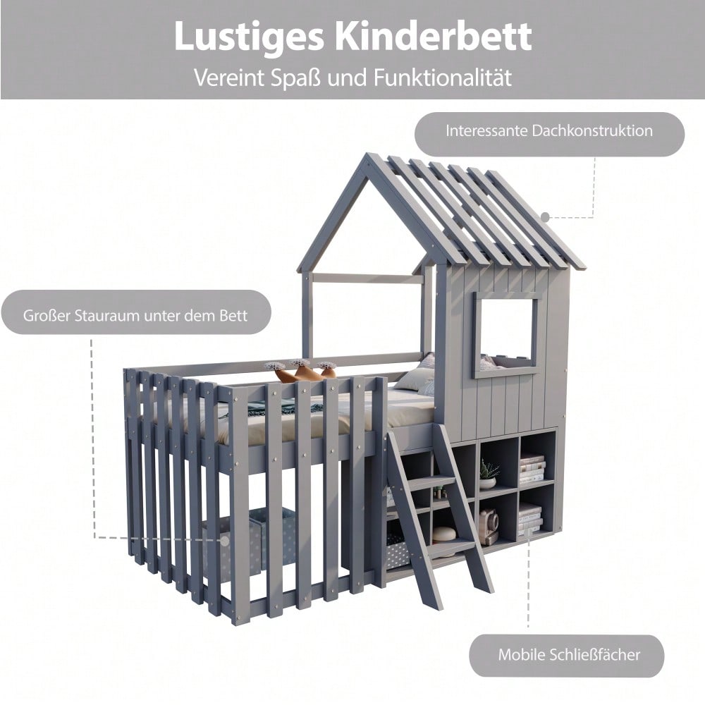 Kinderbett Hausbett 90x200, mit Dach und Fenster, mit offenem Stauraum, mit Kletterleiter, Massivholz-Kinderetagenbett ohne Matratze,Grau