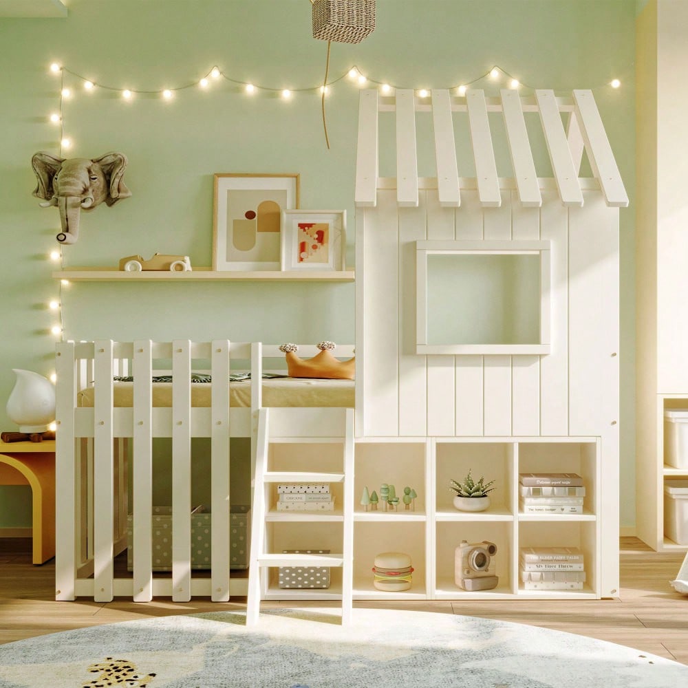 Kinderbett Hausbett 90x200, mit Dach und Fenster, mit offenem Stauraum, mit Kletterleiter, Massivholz-Kinderetagenbett ohne Matratze, weiß