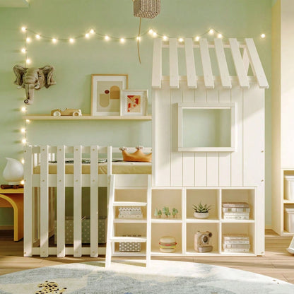 Kinderbett Hausbett 90x200, mit Dach und Fenster, mit offenem Stauraum, mit Kletterleiter, Massivholz-Kinderetagenbett ohne Matratze, weiß