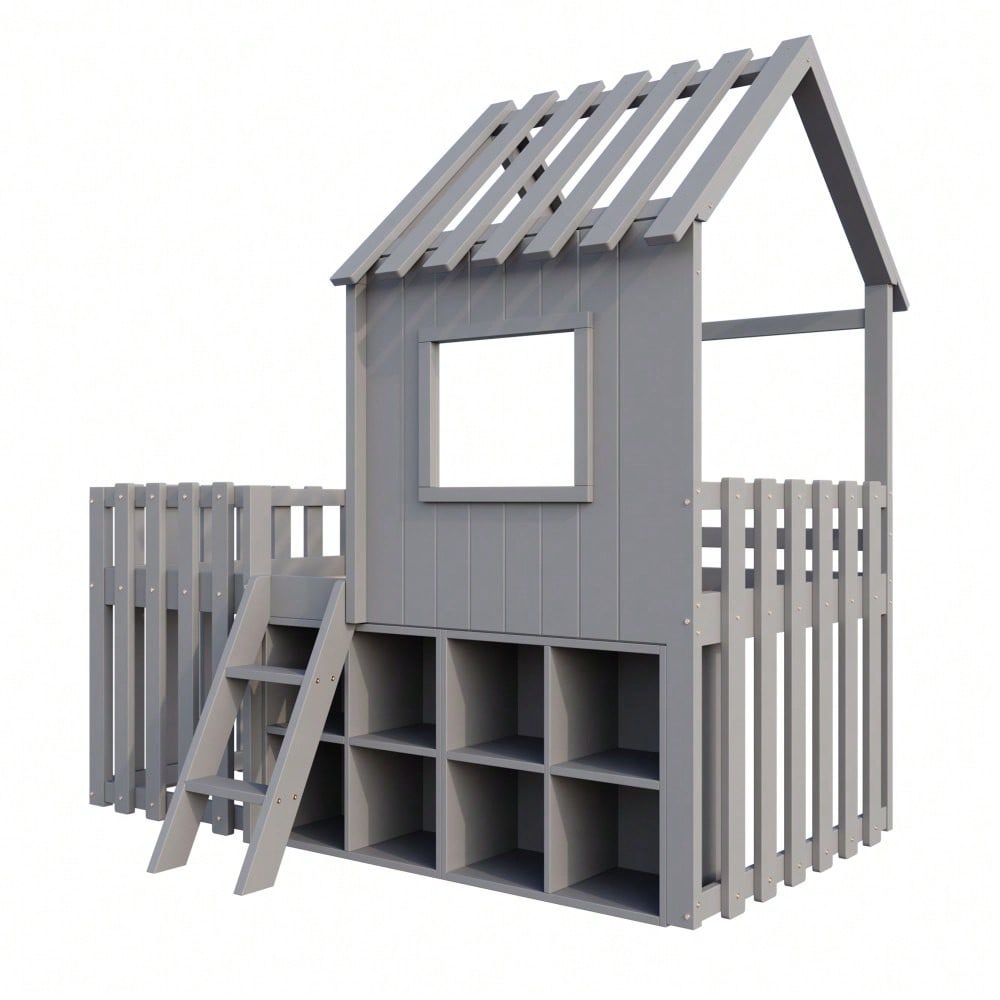 Kinderbett Hausbett 90x200, mit Dach und Fenster, mit offenem Stauraum, mit Kletterleiter, Massivholz-Kinderetagenbett ohne Matratze,Grau