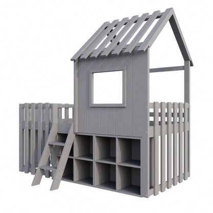 Kinderbett Hausbett 90x200, mit Dach und Fenster, mit offenem Stauraum, mit Kletterleiter, Massivholz-Kinderetagenbett ohne Matratze,Grau