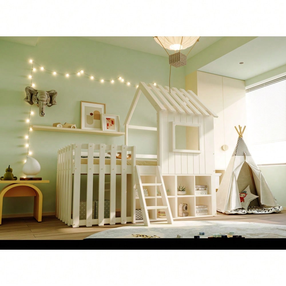 Kinderbett Hausbett 90x200, mit Dach und Fenster, mit offenem Stauraum, mit Kletterleiter, Massivholz-Kinderetagenbett ohne Matratze, weiß
