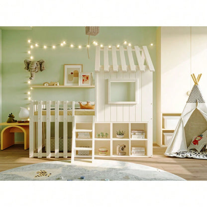 Kinderbett Hausbett 90x200, mit Dach und Fenster, mit offenem Stauraum, mit Kletterleiter, Massivholz-Kinderetagenbett ohne Matratze, weiß