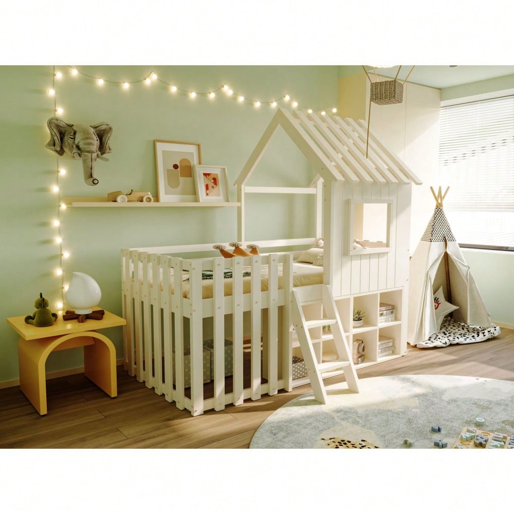 Kinderbett Hausbett 90x200, mit Dach und Fenster, mit offenem Stauraum, mit Kletterleiter, Massivholz-Kinderetagenbett ohne Matratze, weiß