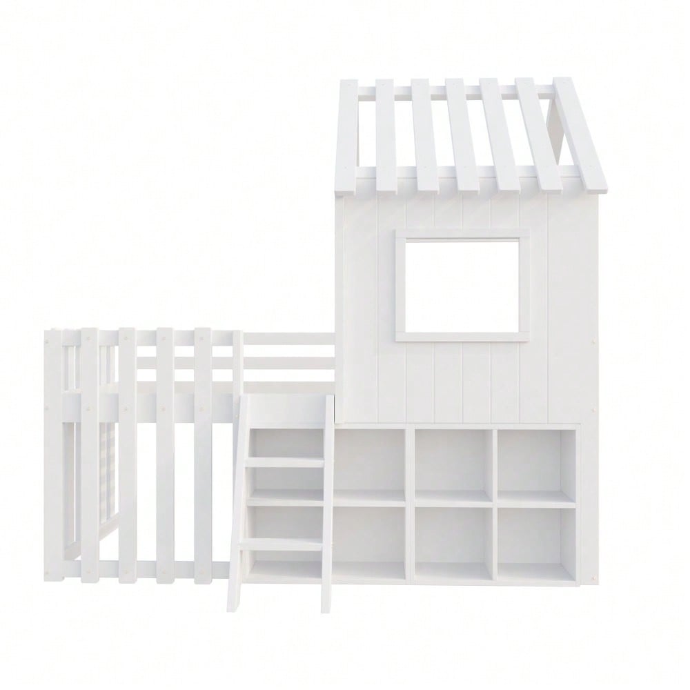 Kinderbett Hausbett 90x200, mit Dach und Fenster, mit offenem Stauraum, mit Kletterleiter, Massivholz-Kinderetagenbett ohne Matratze, weiß