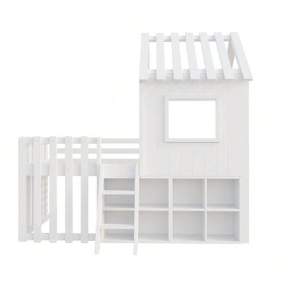 Kinderbett Hausbett 90x200, mit Dach und Fenster, mit offenem Stauraum, mit Kletterleiter, Massivholz-Kinderetagenbett ohne Matratze, weiß