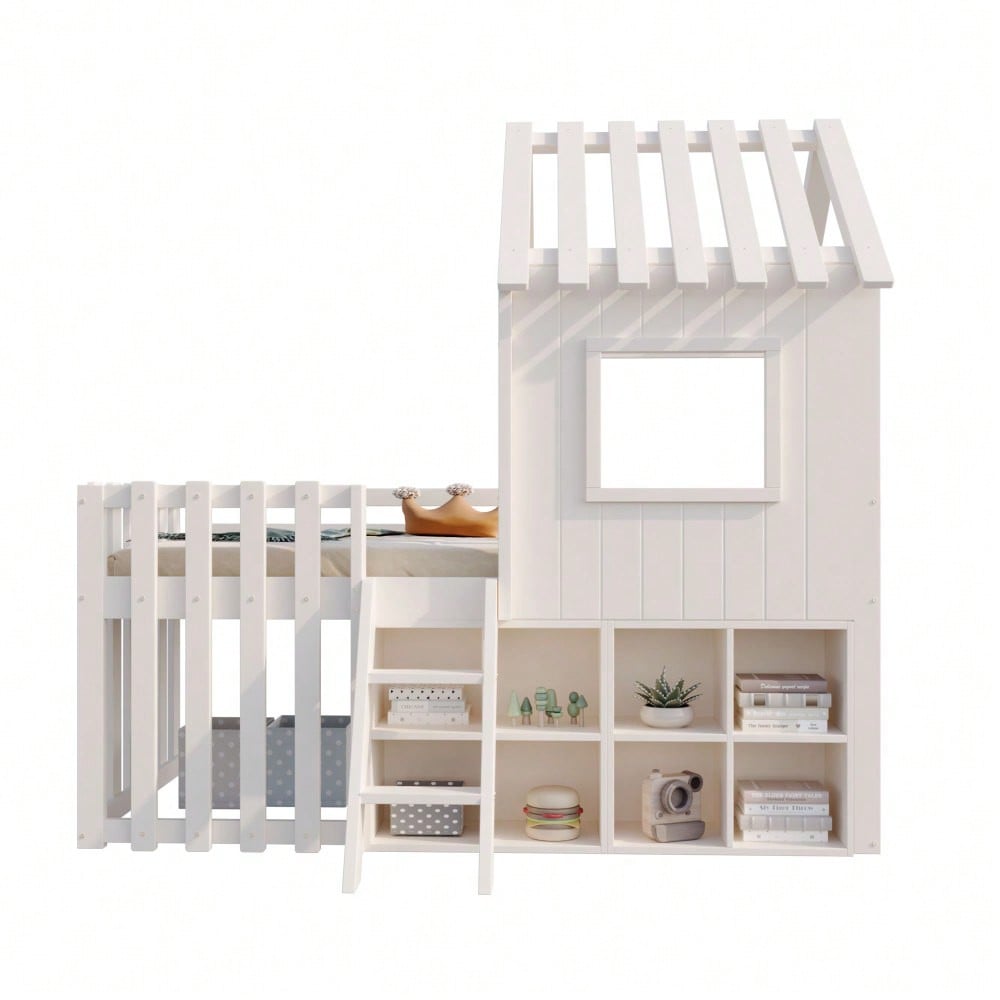Kinderbett Hausbett 90x200, mit Dach und Fenster, mit offenem Stauraum, mit Kletterleiter, Massivholz-Kinderetagenbett ohne Matratze, weiß