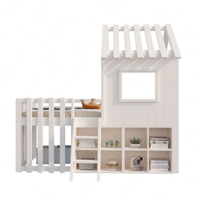 Kinderbett Hausbett 90x200, mit Dach und Fenster, mit offenem Stauraum, mit Kletterleiter, Massivholz-Kinderetagenbett ohne Matratze, weiß