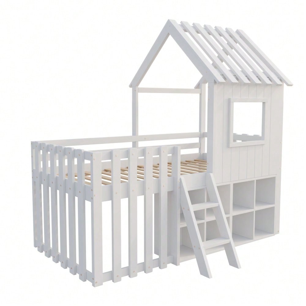 Kinderbett Hausbett 90x200, mit Dach und Fenster, mit offenem Stauraum, mit Kletterleiter, Massivholz-Kinderetagenbett ohne Matratze, weiß
