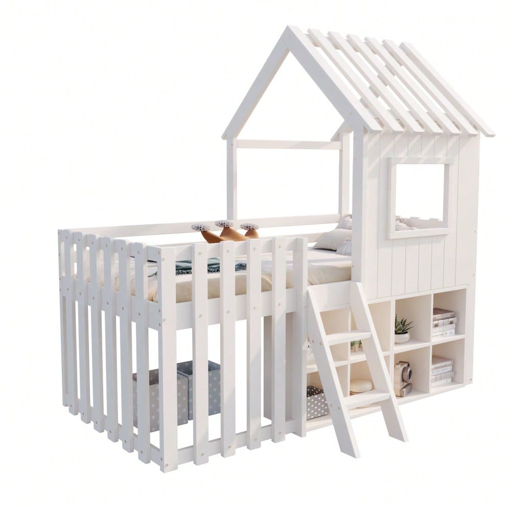 Kinderbett Hausbett 90x200, mit Dach und Fenster, mit offenem Stauraum, mit Kletterleiter, Massivholz-Kinderetagenbett ohne Matratze, weiß
